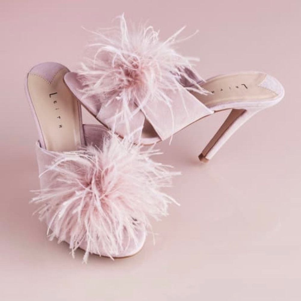 LEITH Pink Suede and Feather Mules